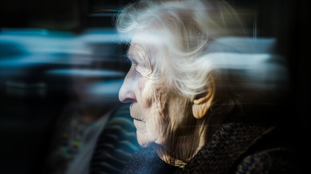 Abstract image of an elderly woman suffering from loneliness of dementia alzheimers mental disorder, degenerative disease
