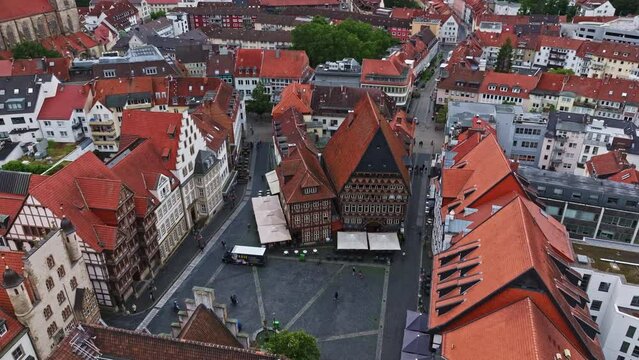 Aerial drone view of The Butchers' Guild Hall ( Knochenhaueramtshaus) .It is one of the largest structures in the Historic Market Place of Hildesheim. 