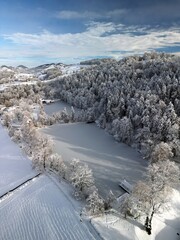 Snowy saint gallen three lakes at winter with snow on the trees and frozen lake.
