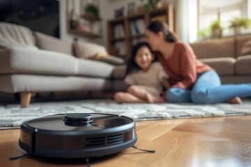 A busy mother takes a moment to relax as her trusty robot vacuum glides across the floor, surrounded by scattered books and toys