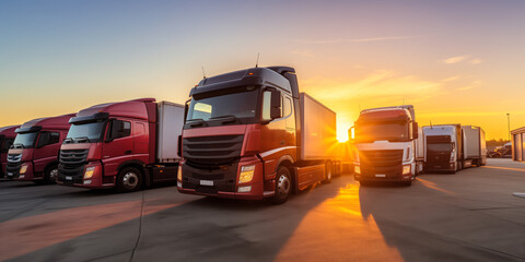 logistic banner, Cargo trailers Trucks stand in row, sunset light. International center warehouse.