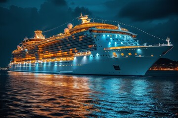 A majestic cruiseferry gracefully glides through the vast ocean, surrounded by endless sky and glistening water, a symbol of modern naval architecture and luxurious transportation for passengers to e
