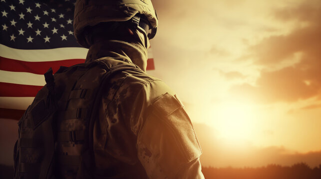 Banner army USA soldier on background national flag with sun light