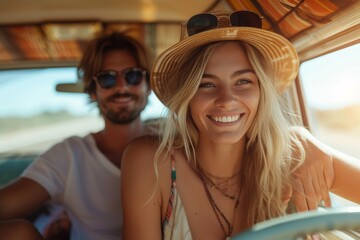A couple's carefree summer adventure in a colorful van, filled with smiles, sun hats, sunglasses, and an array of stylish hats, as they cruise along the water in their boat