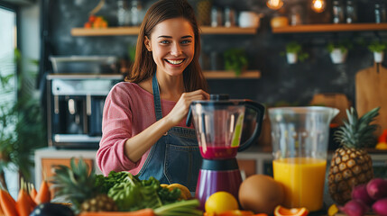 smiling , looking healthy woman making fruit juice  included beetroot, kale, avocado, celery, ai generated image