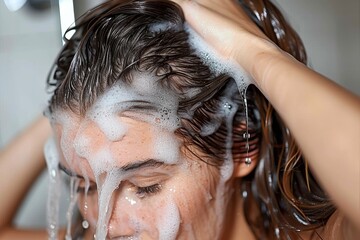 Naklejka premium A woman stands indoors, her face illuminated by the warm light, delicately washing her hair, her skin glowing as she gently brushes her eyelashes