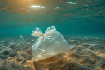 A discarded plastic bag, lost in the underwater world of the reef, serves as a haunting reminder of our impact on the beauty of the outdoor beach