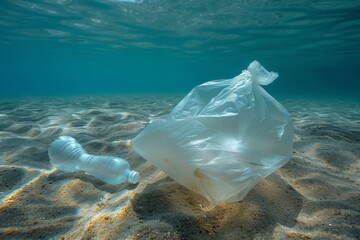 Amidst the aqua depths of the ocean, a plastic bag and bottle float fluidly among the vibrant reef, a stark reminder of humanity's impact on nature's fragile beauty
