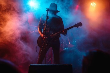 Naklejka premium A passionate musician captivates the crowd with his electrifying guitar skills at a lively rock concert, showcasing his artistry and love for music
