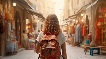 Foto op Aluminium Young traveler with backpack wanders through bustling market street, absorbed in local culture. Concept travel tourism trip in bazaar Arab country or Egypt. © Adin