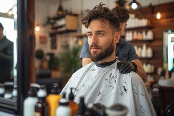 A man sits in a barber's chair, his face stoic as the stylist's hands expertly trim his hair while shelves of bottles line the wall behind them - obrazy, fototapety, plakaty