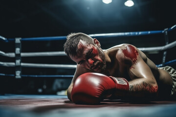 Bruised boxer feeling defeat, sitting on the mat under spotlight - obrazy, fototapety, plakaty