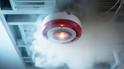Working smoke detector and fire alarm in action. System for protection and safety of smart home or warehouse