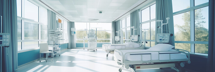 Airy hospital ward with two empty beds, large windows, and medical equipment, banner interior. - obrazy, fototapety, plakaty