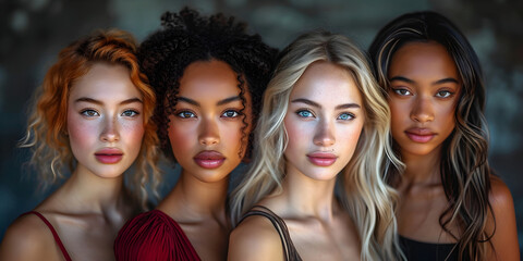 Obraz premium International Women's History Day banner with many multiracial women of different nationalities and religions. Women's Equality Day, Girls power, diversity, feminism, concept with diverse women faces.