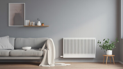 Minimalistic wall-mounted radiator for warmth integrated into interior Cozy skandy living room with sleek black sofa and clean white walls adorned with plants. - obrazy, fototapety, plakaty