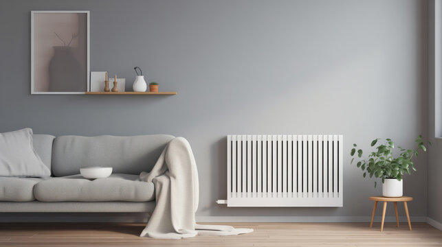 Minimalistic wall-mounted radiator for warmth integrated into interior Cozy skandy living room with sleek black sofa and clean white walls adorned with plants.