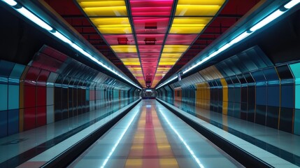 Interior of an empty subway station with colorful lights