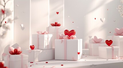 immaculate white gift boxes, elegantly adorned with Valentine's Day-themed decorations, evoking feelings of love and affection in a timeless display of devotion.