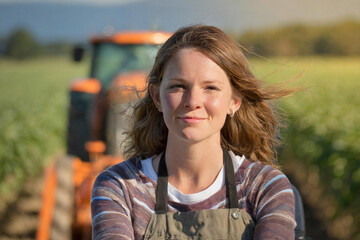 agricultrice devant un tracteur