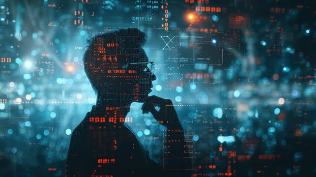 Holographic presentation of Formulas and Equations Illuminating the Silhouette of a Thinking Man - A Symbolic Image for Educational and Technological Enlightenment