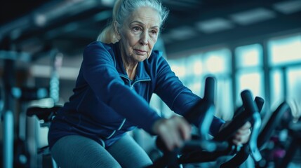 Fototapeta na wymiar an old woman rides a stationary bike in an indoor gym