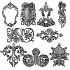 3D illustration of silver engraved ornaments