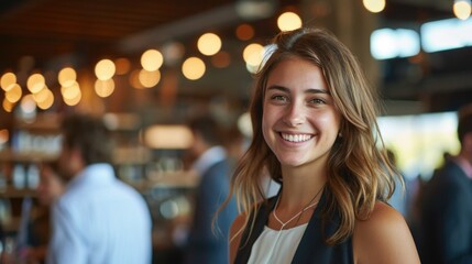 smiling happy young professional woman at an event, in the style of nautical charm