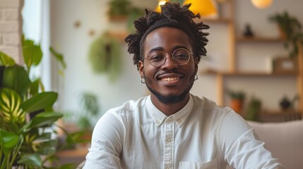 A Relaxed Young Black Entrepreneur in a Bright, Modern Setting, Exuding Confidence and Genuine Charm - A Perfect Visual for Motivating Startups, Empowering Minorities