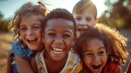 group of multiracial children outside having fun on a sunny day