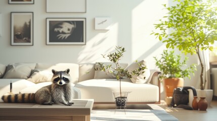 a raccoon as it explores a bright, modern minimalist living room, its inquisitive gaze adding a touch of charm to the sleek, uncluttered space.