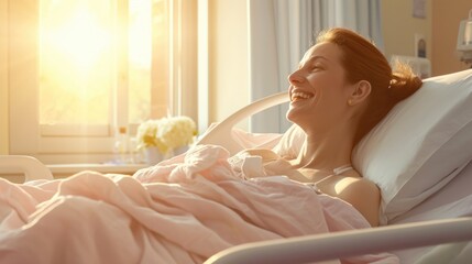 smiling woman in hospital bed, in the style of light gold and pink