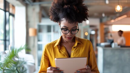 young beautiful African woman working in office working on a tablet computer