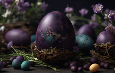Easter holiday background, dark colors. Perfect composition, beautiful detailed , 8k photography, photorealistic , soft natural perfect light