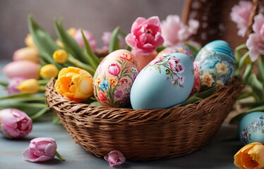 Fototapeta premium Easter Hand-painted Easter eggs in a basket and spring tulips, light fancy colors. Perfect composition, beautiful detailed , 8k photography, photorealistic , soft natural perfect light