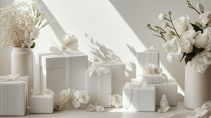a meticulously curated arrangement featuring immaculate white gift boxes, each exquisitely embellished to evoke sophistication and charm, creating a vision of luxury and opulence.