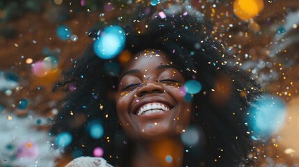 beautiful young woman at a party covered in confetti, in the style of Afrofuturism-inspired