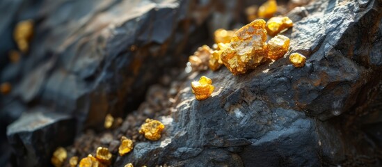 Macro photograph capturing gold nuggets within a stone.