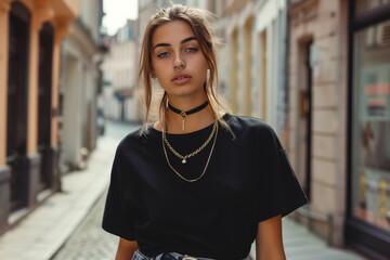 Obraz premium A woman wearing a choker necklace and a black t-shirt