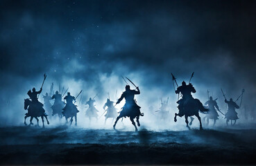 Fototapeta na wymiar Medieval battle scene. Silhouettes of figures as separate objects, fighting between warriors on a dark, foggy background. Nocturne
