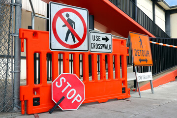 Sidewalk Closed signs for works. Stop and Detour signs - 726697893