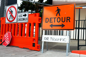 Sidewalk Closed signs for works. Stop and Detour signs - 726697895