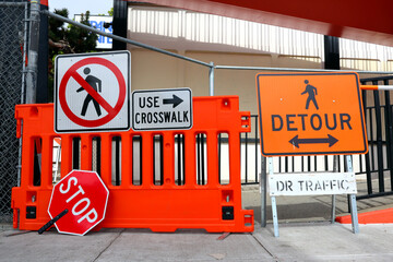 Sidewalk Closed signs for works. Stop and Detour signs - 726698003