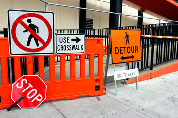 Sidewalk Closed signs for works. Stop and Detour signs - 726698037