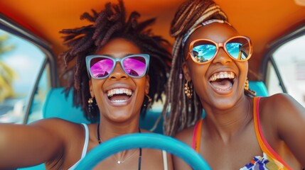 cheerful female friends in colorful sunglasses and driving a car