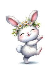 Cute bunny rabbit in a floral wreath isolated on a transparent background. Watercolor illustration