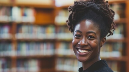African American woman in library smiling