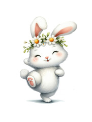 Cute dancing bunny rabbit in a flower wreath isolated on a transparent background. Watercolor illustration