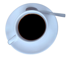 Top view of cup of black coffee, spoon on the Pyrex 
