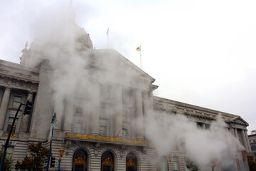 San Francisco, California: San Francisco City Hall with steam rises from the street - 726698696